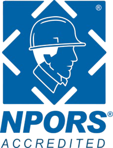 NPORS Accredited logo showing a blue hard-hat worker silhouette within a square symbol.